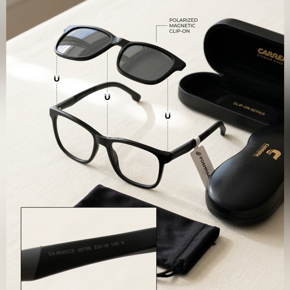 Carrera Black Frame glasses with magnetic foldable sun shade Lenses brand new✨